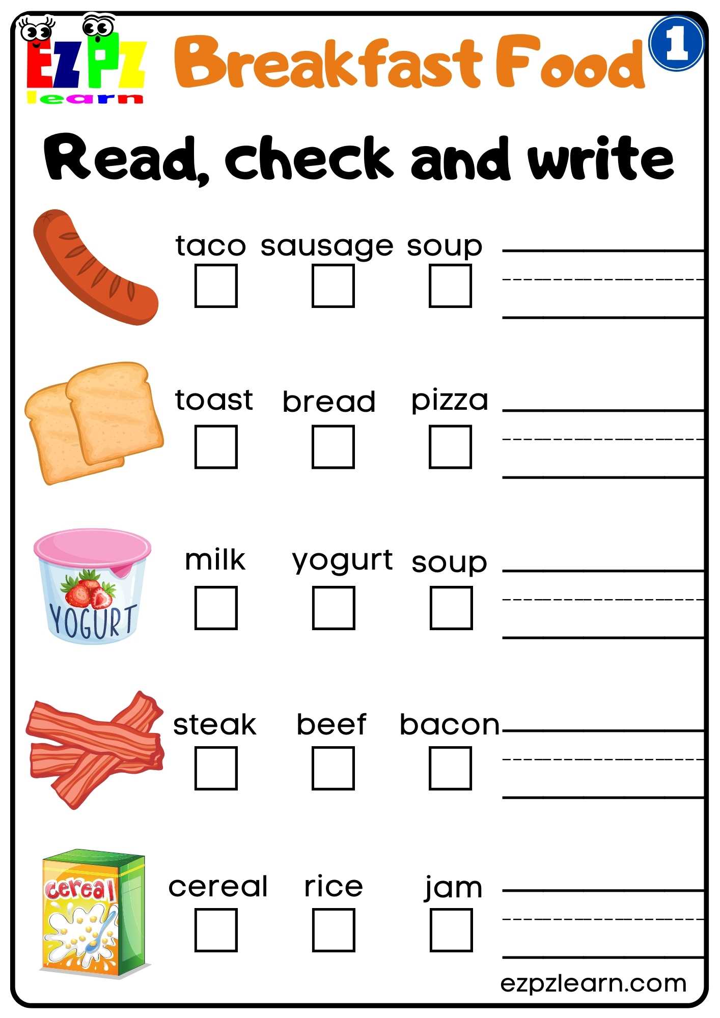 Group 1 Breakfast Food Vocabulary Read Check and Write Worksheet for K5 and ESL Students Free PDF Download